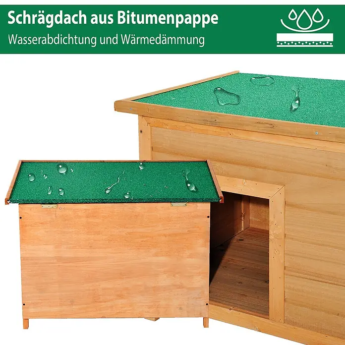 PawHut Hundehütte Gelb+Grün L82 x B58 x H58 cm -  - Zwei Holzhäuser mit grünen Bitumenschrägdächern, die Wasserabweisung zeigen.