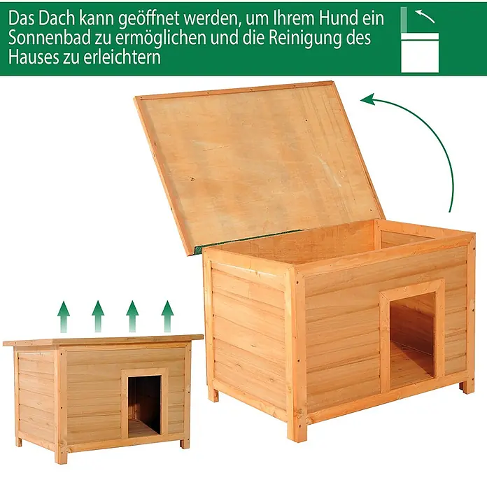 PawHut Hundehütte Gelb+Grün L82 x B58 x H58 cm -  - Natürliche Holz-Hundehütte mit aufklappbarem Dach zur einfachen Reinigung und Belüftung.