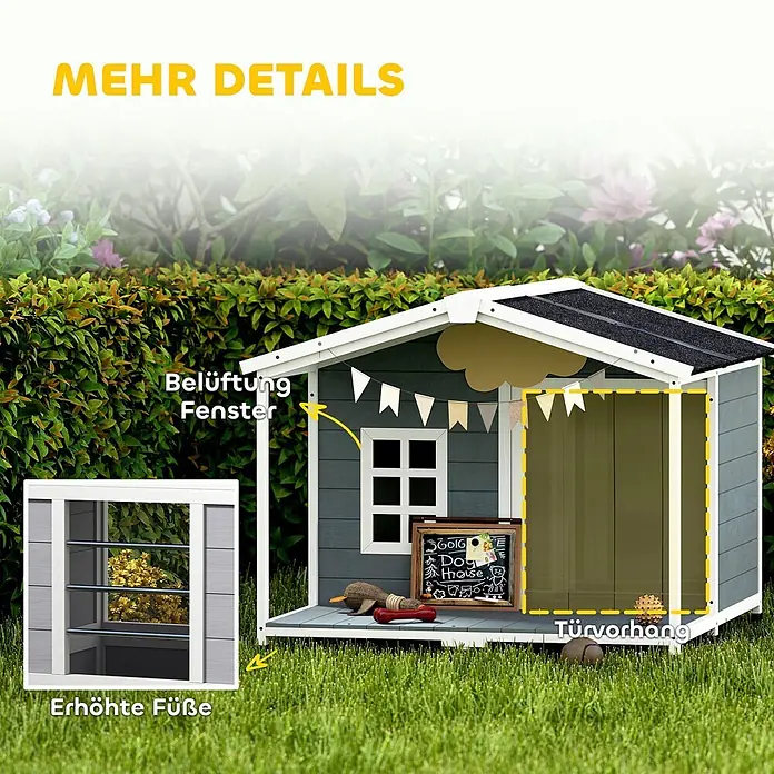 PawHut Hundehütte Grau 103L x 107B x 83,5H cm -  - Graue Hundehütte im Garten mit Belüftungsfenster, erhöhten Füßen und Türvorhang.