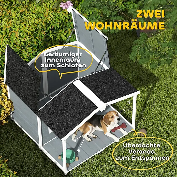 PawHut Hundehütte Grau 103L x 107B x 83,5H cm -  - Graue Hundehütte mit zwei Bereichen, einem Schlafzimmer und einer überdachten Veranda, im Garten.