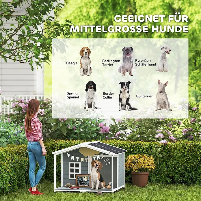 PawHut Hundehütte Grau 103L x 107B x 83,5H cm -  - Ein grau-weißes Hundehaus im Garten mit einem Beagle darin. Eine Frau steht daneben, und eine Überlagerung zeigt, dass es für mittelgroße Hunde geeignet ist.