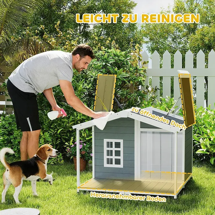 PawHut Hundehütte Grau 103L x 107B x 83,5H cm -  - Graue und weiße Hundehütte mit aufklappbarem Dach und herausnehmbarem Boden, von einem Mann im Garten gereinigt. Betont Reinigungsfreundlichkeit.