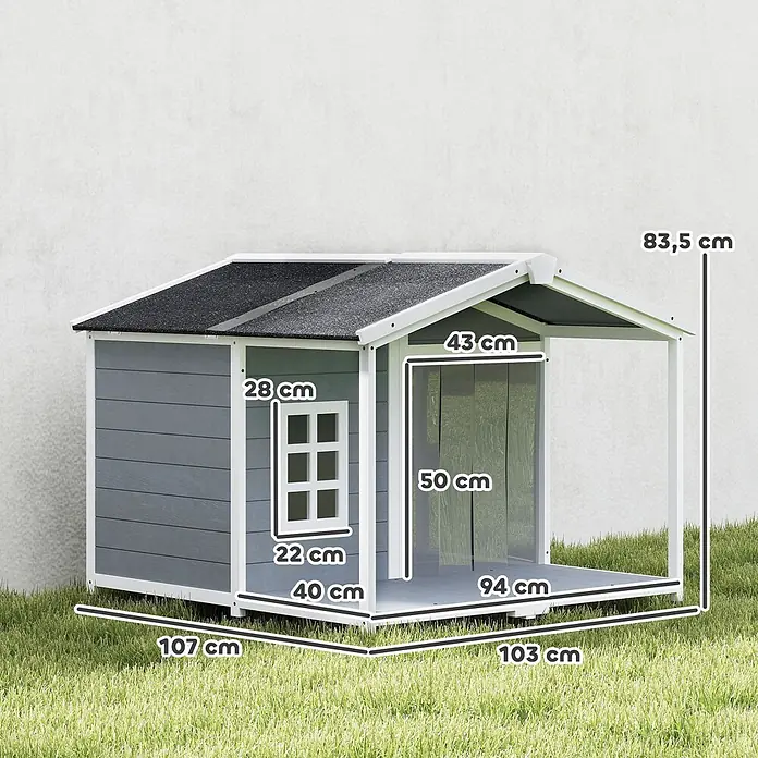PawHut Hundehütte Grau 103L x 107B x 83,5H cm -  - Graue Holzhundehütte mit schwarzem Dach und weißem Zierrat, inklusive überdachter Veranda. Abmessungen sind im Bild dargestellt.