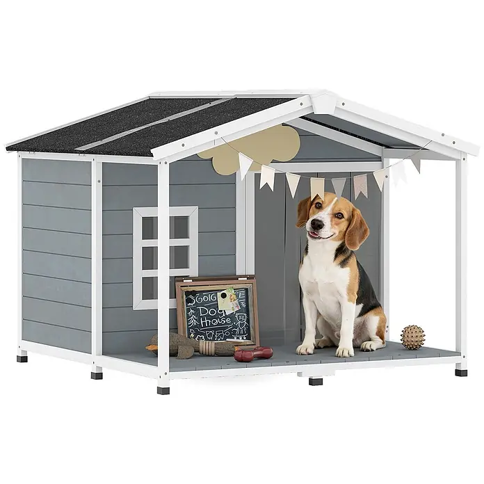 PawHut Hundehütte Grau 103L x 107B x 83,5H cm -  - Grau-weißes Hundehaus aus Holz mit schwarzem Dach, ein Beagle sitzt darin. Tafel und Spielzeug dabei.