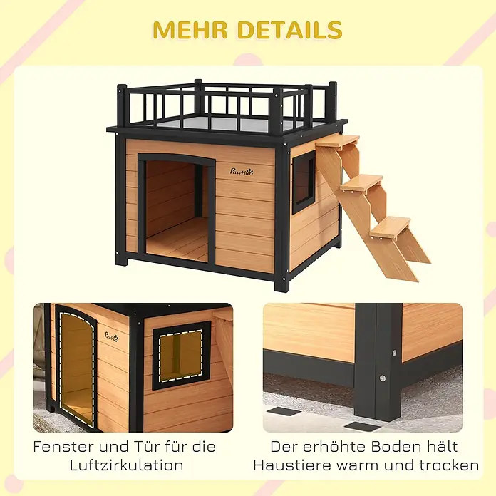 PawHut Hundehütte Gelb 121L x 77B x 78H cm -  - Holzhundehütte mit schwarzem Rahmen, Dachterrasse, Treppe, Tür und Fenster für Belüftung, erhöht für Wärme.