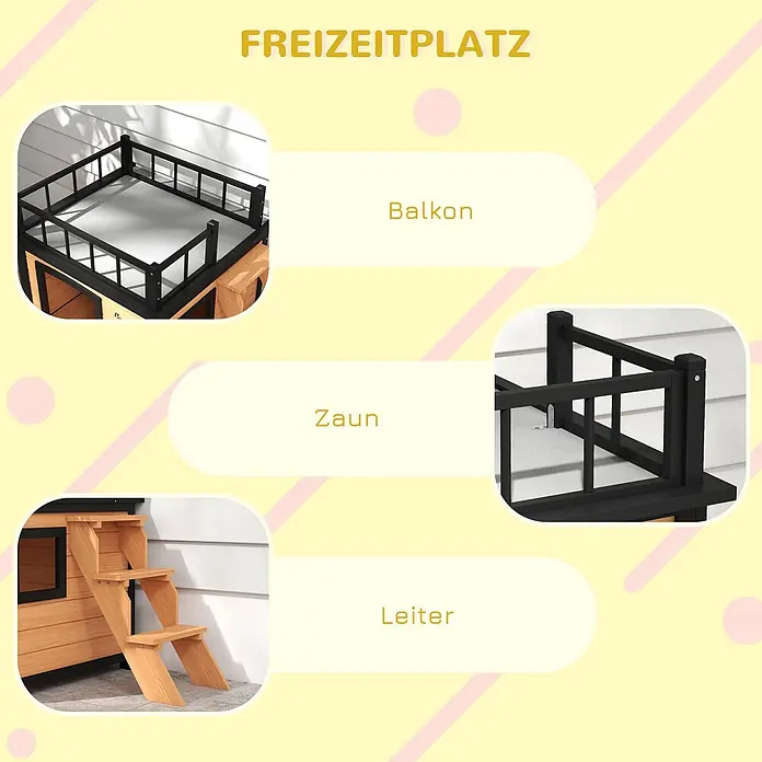 PawHut Hundehütte Gelb 121L x 77B x 78H cm -  - Hölzernes Tierhaus mit schwarzem Metallbalkon, Geländer und Holztreppe.