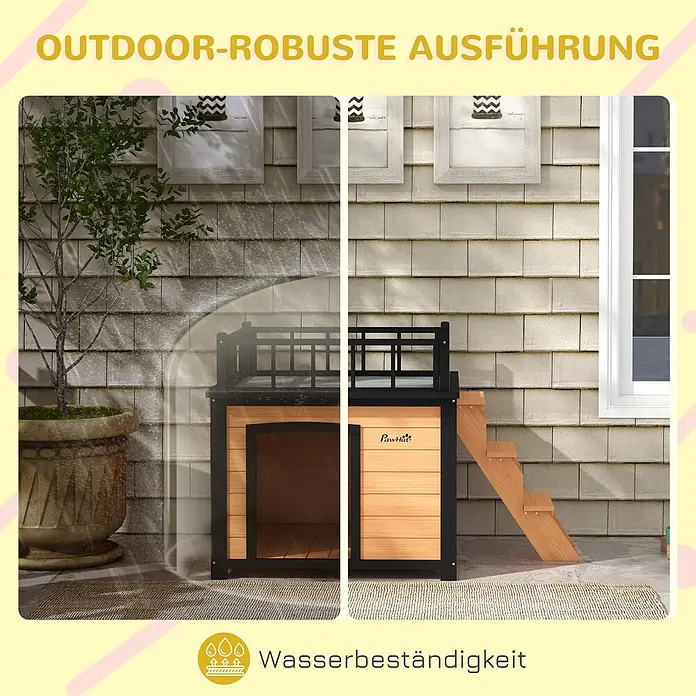 PawHut Hundehütte Gelb 121L x 77B x 78H cm -  - Ein robustes Hundehaus aus Holz mit schwarzem Rahmen und Dachterrasse, links nass, rechts trocken, zeigt seine Wasserbeständigkeit für den Außenbereich.