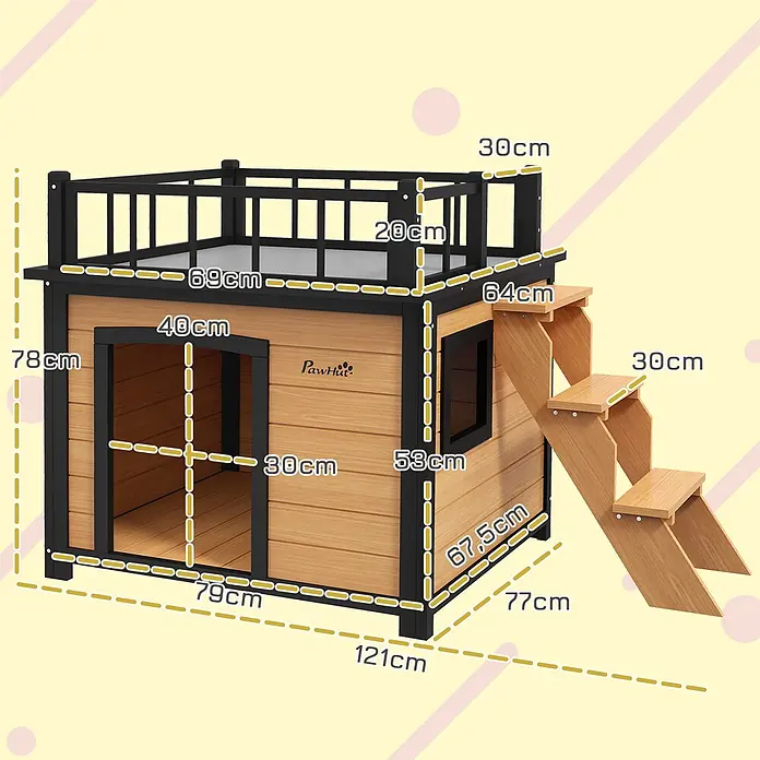 PawHut Hundehütte Gelb 121L x 77B x 78H cm -  - Zweistöckige Hundehütte aus Holz mit schwarzem Rahmen, Balkon und Treppe, Maße dargestellt.