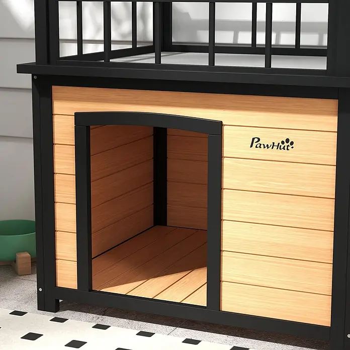 PawHut Hundehütte Gelb 121L x 77B x 78H cm -  - Schwarze und naturholzfarbene Hundehütte mit PawHut-Logo, mit erhöhter Terrasse und schwarzen Geländern.