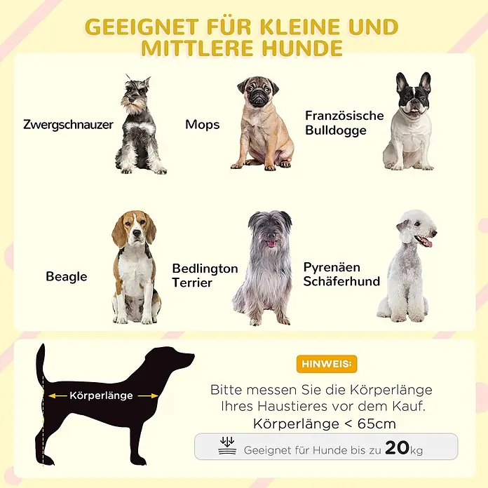 PawHut Hundehütte Gelb 121L x 77B x 78H cm -  - Leitfaden für kleine und mittelgroße Hunde, zeigt Rassen und Körperlängenmessung. Geeignet für Hunde unter 65 cm und 20 kg.