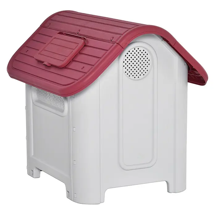 PawHut Hundehütte Rot+Hellgrau 59B x 75T x 66H cm -  - Kunststoff-Hundehütte mit weißem Korpus, rotem Dach und Belüftungslöchern. Das Dach hat eine kleine, aufklappbare Zugangsöffnung.