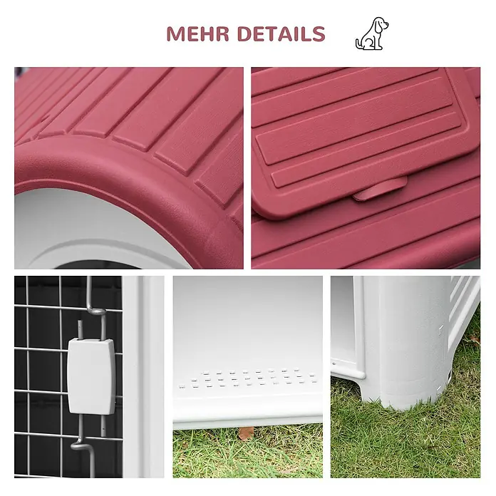 PawHut Hundehütte Rot+Hellgrau 59B x 75T x 66H cm -  - Rote und weiße Kunststoff-Hundehütte mit texturiertem Dach, Belüftung und stabiler Basis.