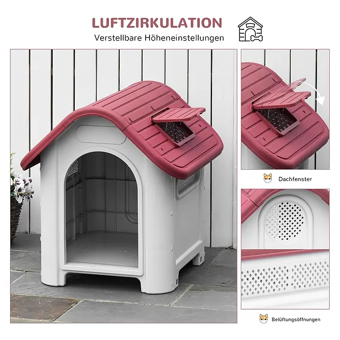 PawHut Hundehütte Rot+Hellgrau 59B x 75T x 66H cm -  - Weißes Kunststoff-Hundehütte mit rotem Dach und verstellbaren Belüftungsmerkmalen wie Dachfenster und Seitenöffnungen.