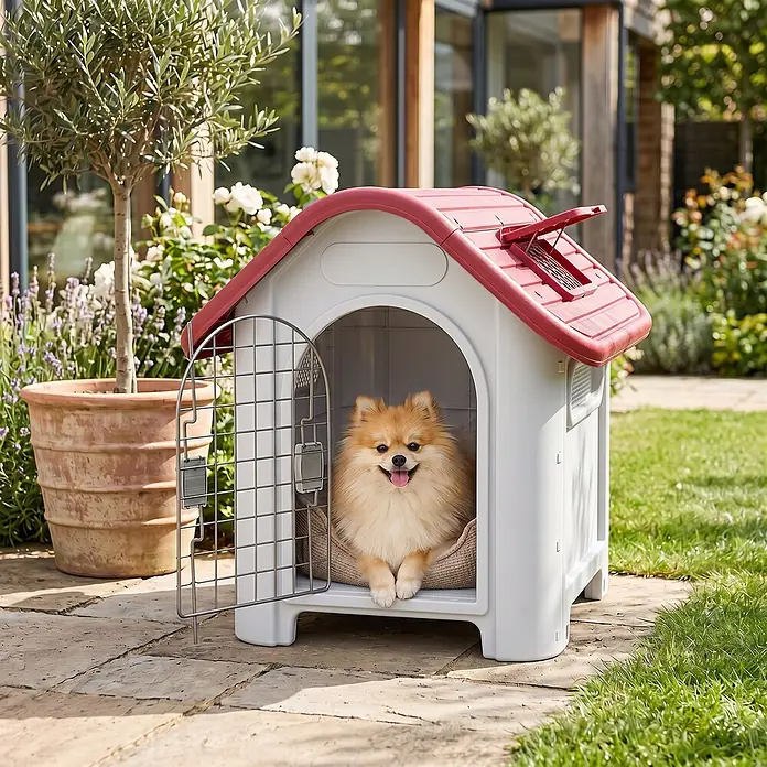 PawHut Hundehütte Rot+Hellgrau 59B x 75T x 66H cm -  - Weiß-rotes Hundehaus aus Kunststoff mit offenem Metallgitter, ein flauschiger, hellbrauner Hund sitzt auf einem Bett im Garten.