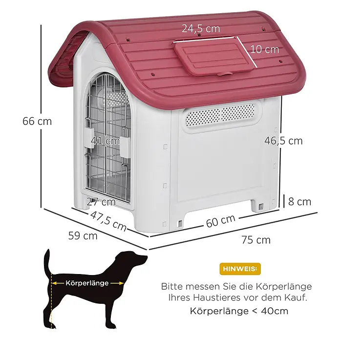 PawHut Hundehütte Rot+Hellgrau 59B x 75T x 66H cm -  - Weiß-rotes Haustierhaus mit Maßen, passend für Tiere bis 40 cm Körperlänge.