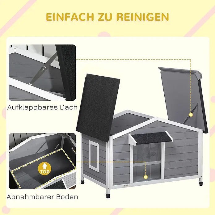 PawHut Hundehütte Schwarz+Grau+Weiß 109L x 79B x 72H cm -  - Graues Tierhaus mit aufklappbarem Dach und abnehmbarem Boden zur einfachen Reinigung.