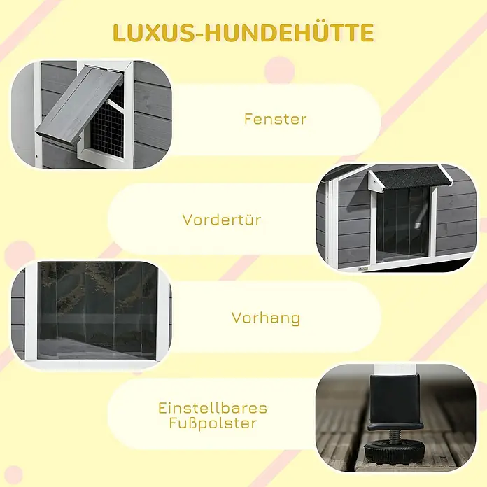PawHut Hundehütte Schwarz+Grau+Weiß 109L x 79B x 72H cm -  - Graue Holzhundehütte mit Fenster, Vordertür, Vorhang und verstellbaren Fußpolstern.