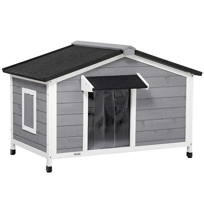 PawHut Hundehütte Schwarz+Grau+Weiß 109L x 79B x 72H cm -  - Grau-weißes Hundehaus aus Holz mit schwarzem Teerdach, einer Streifentür und Seitenfenster, auf Beinen erhöht.