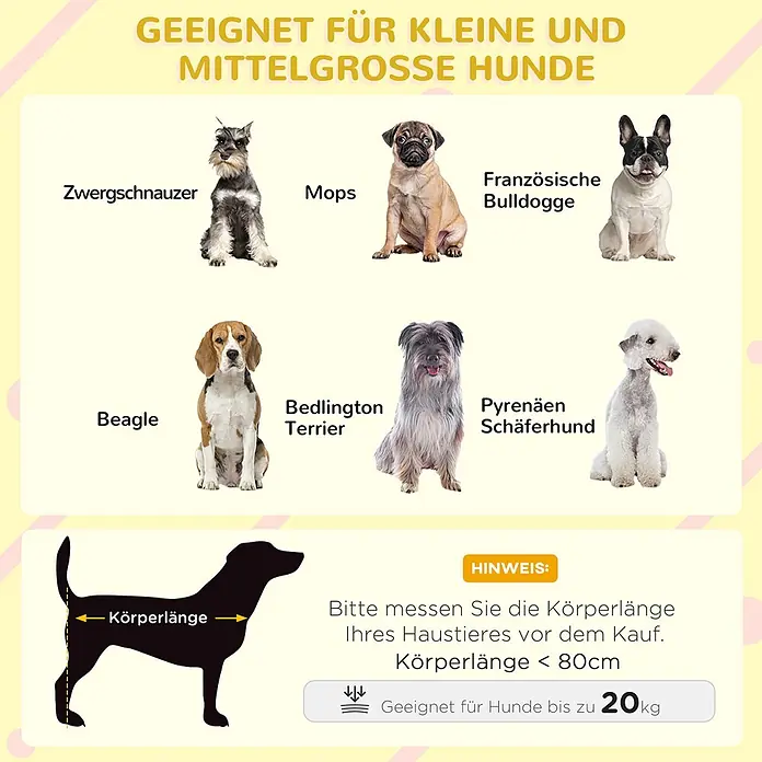 PawHut Hundehütte Schwarz+Grau+Weiß 109L x 79B x 72H cm -  - Größenleitfaden für kleine und mittelgroße Hunde. Zeigt passende Rassen, Messung der Körperlänge (<80cm) und Gewichtsgrenze (bis 20kg).