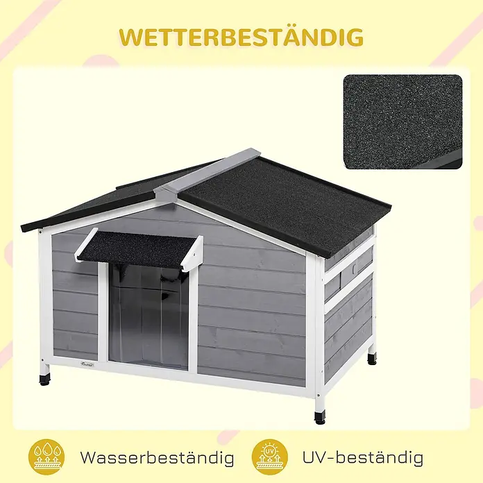 PawHut Hundehütte Schwarz+Grau+Weiß 109L x 79B x 72H cm -  - Graue Holzhundehütte mit schwarzem, wetterbeständigem Texturdach und weißem Rand, auf Beinen erhöht.