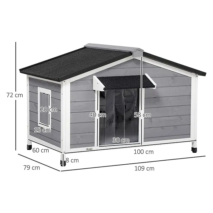 PawHut Hundehütte Schwarz+Grau+Weiß 109L x 79B x 72H cm -  - Grau-weißes hölzernes Tierhaus mit schwarzem Dach, auf Beinen stehend, mit Maßen.