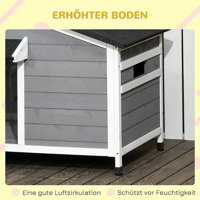PawHut Hundehütte Schwarz+Grau+Weiß 109L x 79B x 72H cm -  - Graue Hundehütte aus Holz mit weißer Zierleiste, auf schwarzen Füßen erhöht für Luftzirkulation und Feuchtigkeitsschutz.