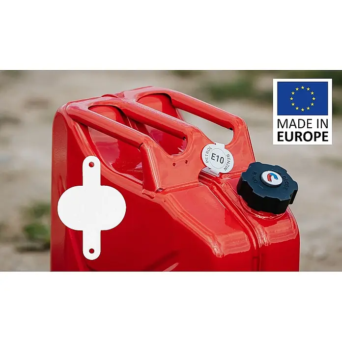 BW Kennzeichnungsclip für Metall-Kraftstoffkanister, Neutral -  - Roter Metall-Kanister mit schwarzer Kappe und E10-Kraftstoffaufkleber, mit "Made in Europe"-Label.