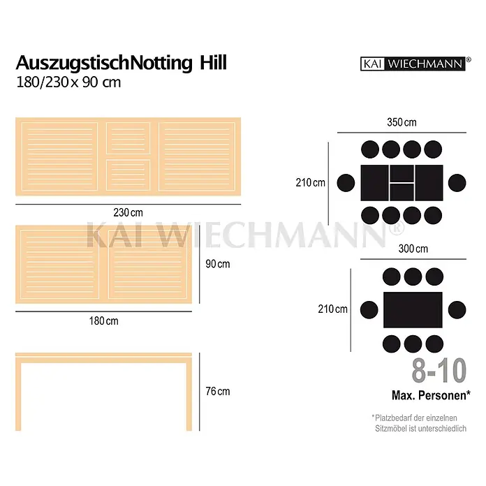 Teak Ausziehtisch 180 x 90 cm Holztisch ausziehbar modern wetterfest edel -  - Technische Zeichnung des Auszugstisches Notting Hill, holzfarben, mit Maßen (180/230x90 cm) und Platz für 8-10 Personen.