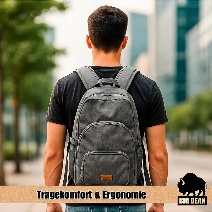 BigDean Handgepäck Rucksack Laptop Rucksack bis 15.6 Zoll 45cm ca 22L -  - Grauer Rucksack, von hinten auf dem Rücken einer Person getragen.