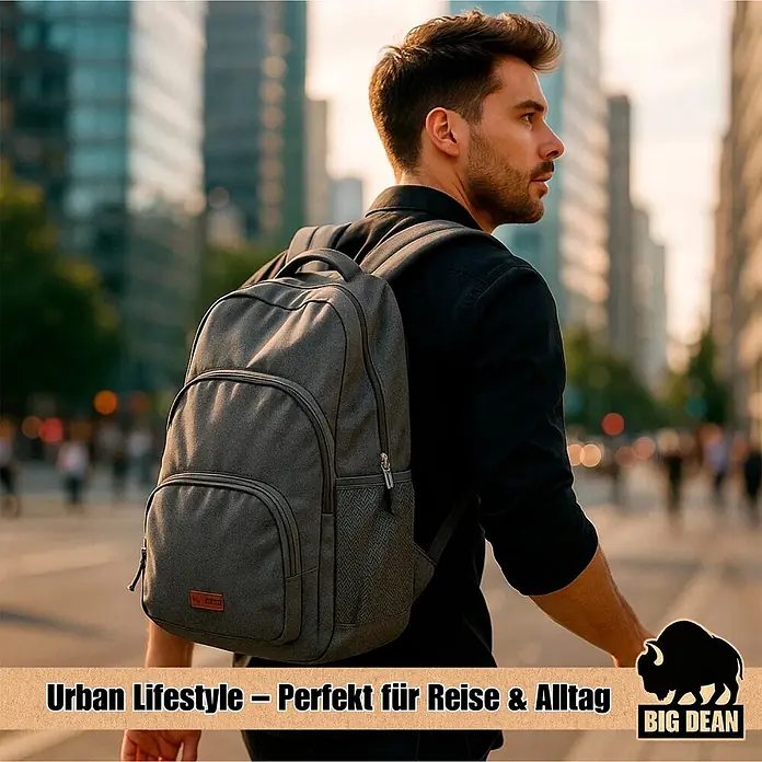 BigDean Handgepäck Rucksack Laptop Rucksack bis 15.6 Zoll 45cm ca 22L -  - Mann trägt einen dunkelgrauen Rucksack in urbaner Umgebung, perfekt für Reisen und Alltag.