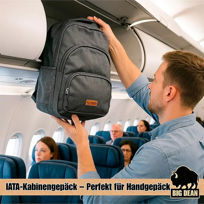 BigDean Handgepäck Rucksack Laptop Rucksack bis 15.6 Zoll 45cm ca 22L -  - Dunkelgrauer Rucksack wird in einem Flugzeug-Handgepäckfach verstaut. Perfekt als Kabinengepäck.
