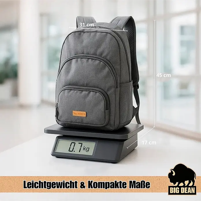 BigDean Handgepäck Rucksack Laptop Rucksack bis 15.6 Zoll 45cm ca 22L -  - Grauer Rucksack auf einer Waage zeigt 0,7 kg, mit Maßen 31 cm (B), 45 cm (H) und 17 cm (T).