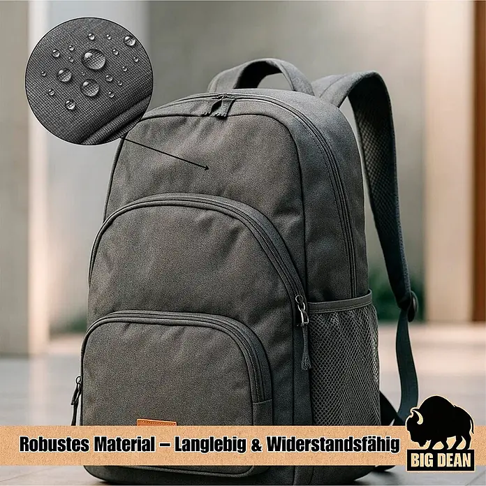 BigDean Handgepäck Rucksack Laptop Rucksack bis 15.6 Zoll 45cm ca 22L -  - Dunkelgrauer Rucksack mit mehreren Fächern und Netzseitentasche, mit wasserabweisendem Stoff, in Nahaufnahme mit Wassertropfen.