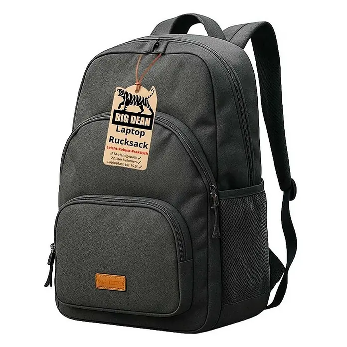 BigDean Handgepäck Rucksack Laptop Rucksack bis 15.6 Zoll 45cm ca 22L -  - Dunkelgrauer BIG DEAN Laptop-Rucksack mit Fronttasche, Netzseitentasche und gepolsterten Trägern.
