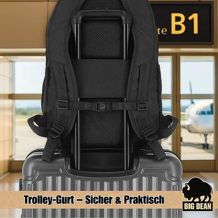 BigDean Handgepäck Rucksack Laptop Rucksack bis 15.6 Zoll 45cm ca 22L -  - Schwarzer Rucksack sicher am Griff eines grauen Trolley-Koffers befestigt, bereit für die Reise am Flughafen.