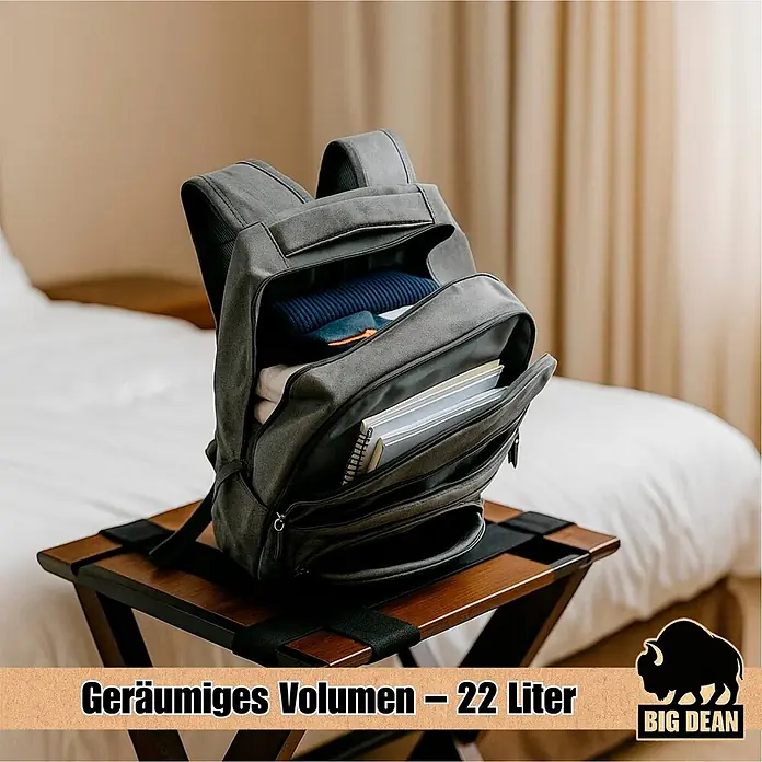 BigDean Handgepäck Rucksack Laptop Rucksack bis 15.6 Zoll 45cm ca 22L -  - Geräumiger grauer Rucksack (22 Liter) geöffnet, zeigt Kleidung und Notizbücher auf einem Holzständer.
