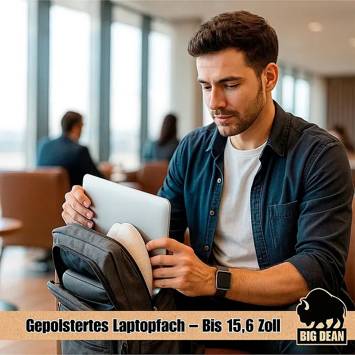 BigDean Handgepäck Rucksack Laptop Rucksack bis 15.6 Zoll 45cm ca 22L -  - Mann steckt Laptop in einen dunkelgrauen Rucksack mit gepolstertem 15,6-Zoll-Laptopfach.