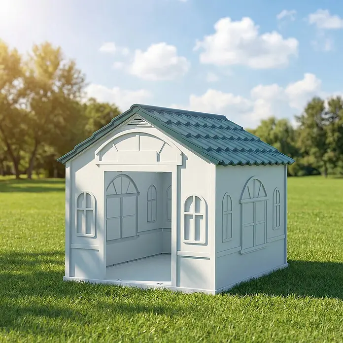 PawHut Hundehütte Blau 65L x 75,7B x 63H cm -  - Weißes Kinder-Spielhaus aus Kunststoff mit blaugrünem Dach.