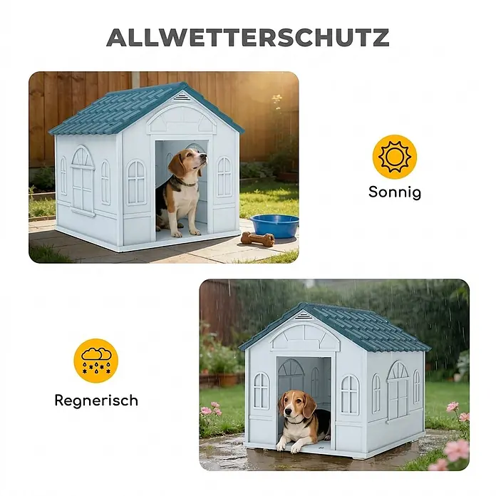 PawHut Hundehütte Blau 65L x 75,7B x 63H cm -  - Weiß-blaue Hundehütte schützt einen Beagle bei Sonne und Regen.