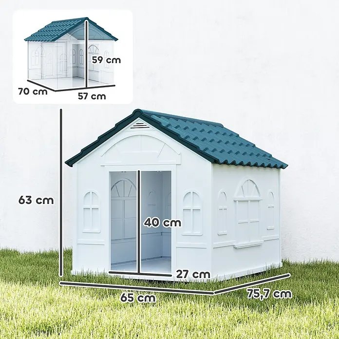 PawHut Hundehütte Blau 65L x 75,7B x 63H cm -  - Weiß-blaues Kinder-Spielhaus aus Kunststoff mit Ziegeldach und Maßen. Ideal für den Außenbereich und fantasievolles Spielen.