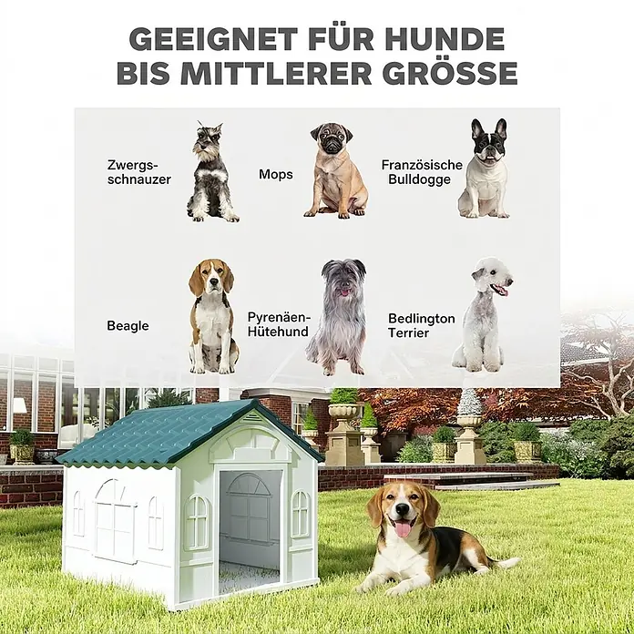 PawHut Hundehütte Blau 65L x 75,7B x 63H cm -  - Weiße Hundehütte mit grünem Dach im Garten, geeignet für mittelgroße Hunde wie Beagles.