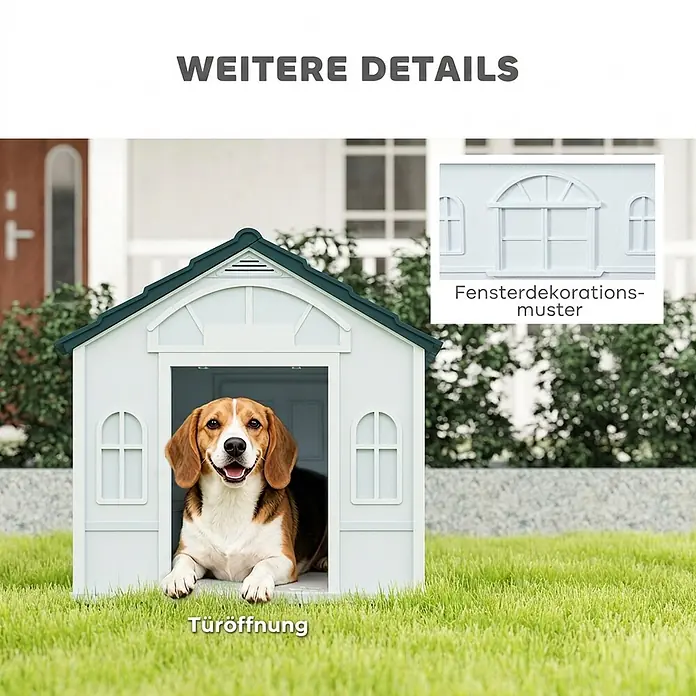 PawHut Hundehütte Blau 65L x 75,7B x 63H cm -  - Hellblaue Hundehütte mit dunkelgrünem Dach in einem Garten, ein glücklicher Beagle liegt darin. Mit dekorativen Fenstern und Türöffnung.
