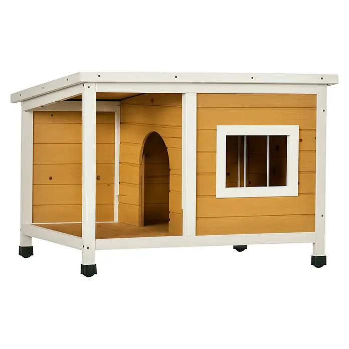 PawHut Hundehütte Orange 85,5L x 62B x 60H cm -  - Zweigeteiltes Hundehaus aus Holz mit hellbraunen Brettern und weißem Rahmen, mit gewölbtem Eingang, Gitterfenster und erhöhtem Design.