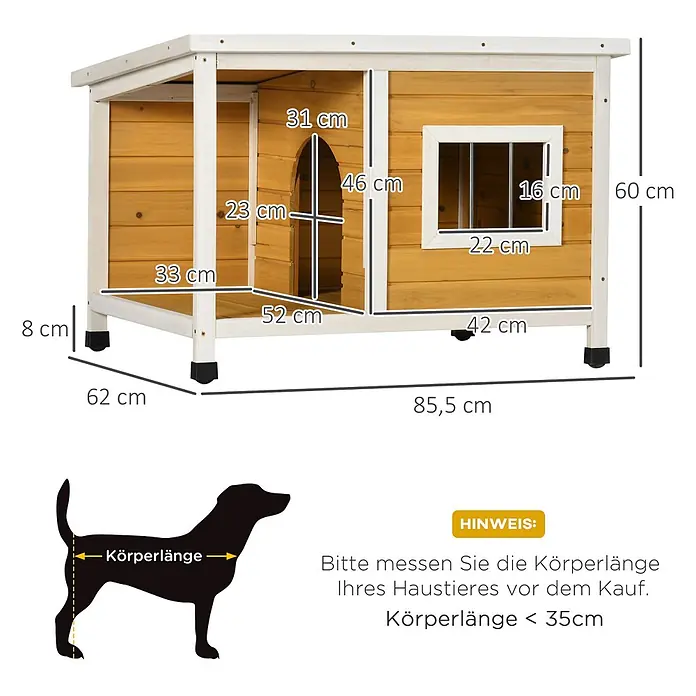 PawHut Hundehütte Orange 85,5L x 62B x 60H cm -  - Hundehütte aus Holz mit weißem Rahmen und Dach, mit detaillierten Maßen. Empfohlen für Haustiere mit Körperlänge < 35cm.