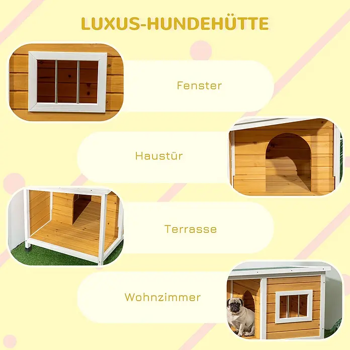PawHut Hundehütte Orange 85,5L x 62B x 60H cm -  - Luxuriöse Hundehütte aus Holz mit Fenster, Haustür, Terrasse und Wohnbereich, ein Mops sitzt darin.