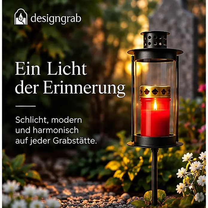 Grablaterne Linea mit Erdspieß, Ø10,5 cm, H 50 cm, Metall/Glas, Schwarz -  - Moderne schwarze Grablaterne mit brennender roter Kerze, harmonisch im Freien als Erinnerungslicht platziert.