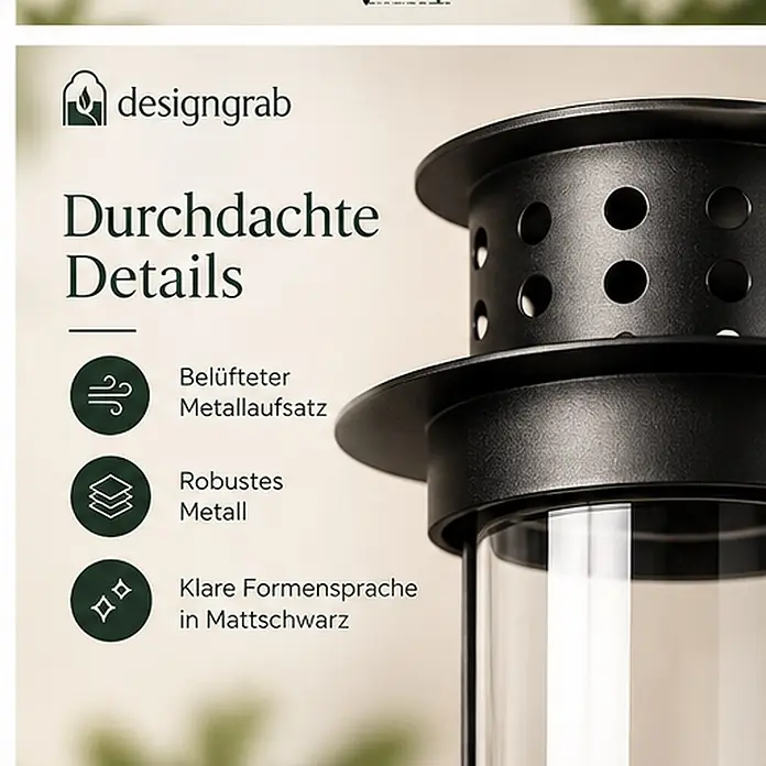 Grablaterne Linea mit Erdspieß, Ø10,5 cm, H 50 cm, Metall/Glas, Schwarz -  - Mattschwarzer Metallaufsatz mit Belüftungslöchern und Glaszylinder. Robust und durchdacht.