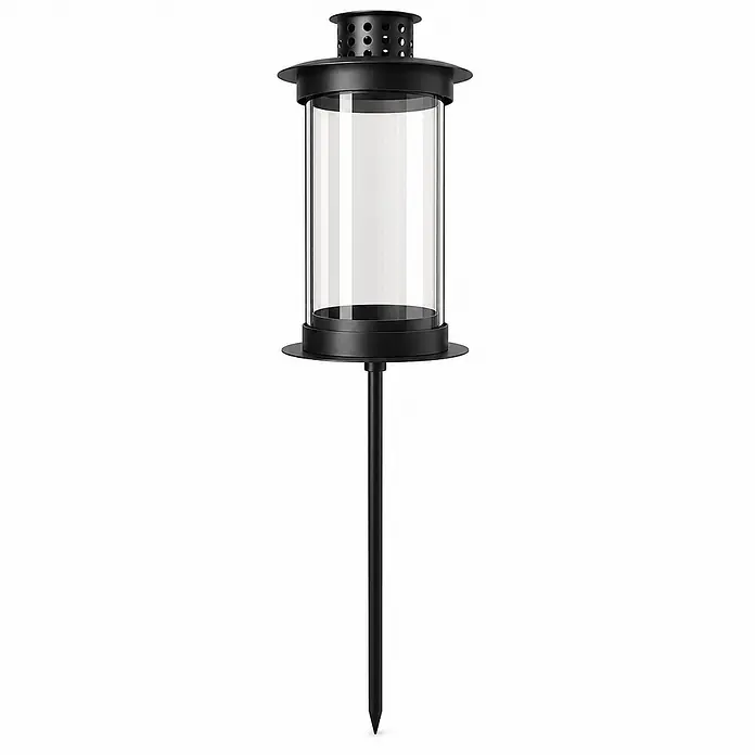 Grablaterne Linea mit Erdspieß, Ø10,5 cm, H 50 cm, Metall/Glas, Schwarz -  - Schwarze Solar-Wegeleuchte für den Außenbereich mit klarem Glaszylinder und Erdspieß.