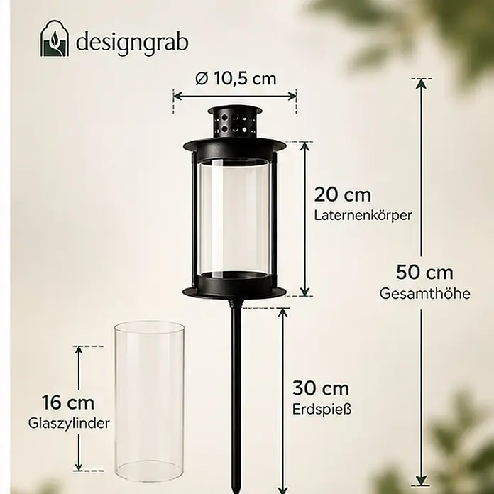 Grablaterne Linea mit Erdspieß, Ø10,5 cm, H 50 cm, Metall/Glas, Schwarz -  - Schwarze Metalllaterne mit Glaszylinder und Erdspieß, Maße: 50 cm Gesamthöhe, 10,5 cm Ø, 20 cm Laterne, 16 cm Glas, 30 cm Erdspieß.
