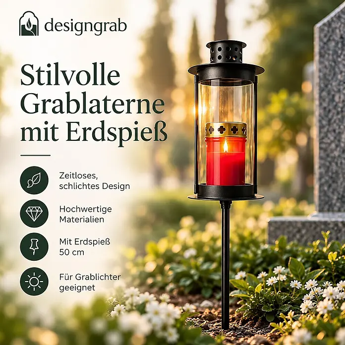 Grablaterne Linea mit Erdspieß, Ø10,5 cm, H 50 cm, Metall/Glas, Schwarz -  - Schwarze Grablaterne aus Metall und Glas mit roter Kerze auf 50 cm Erdspieß, im Friedhof platziert.
